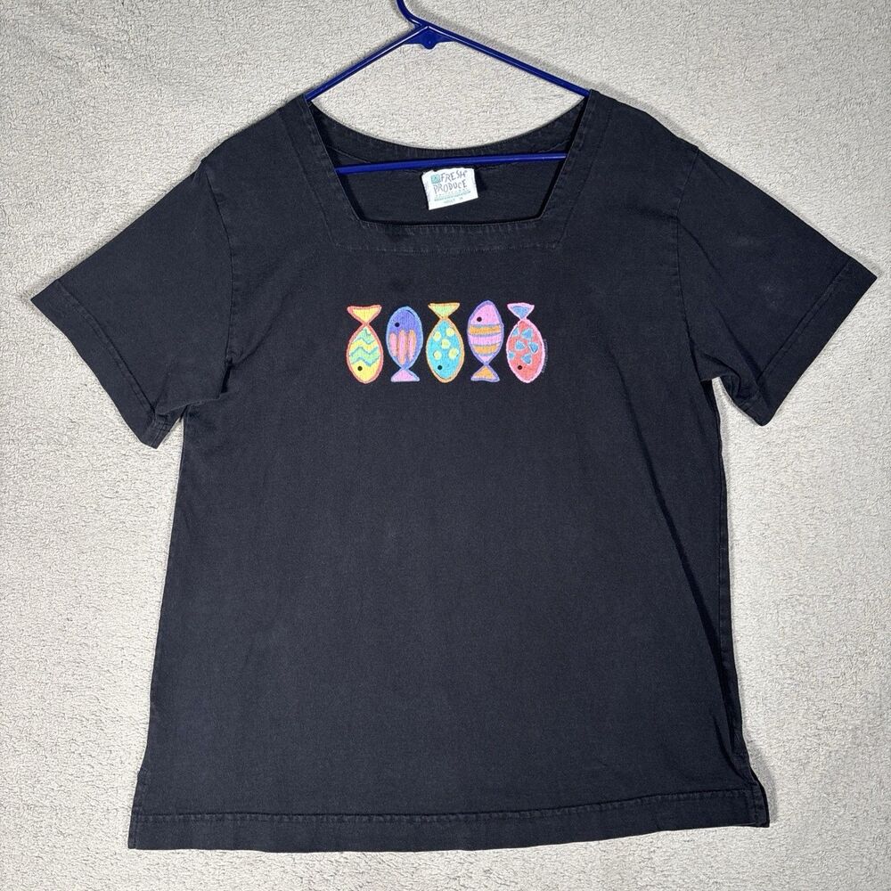 Fresh Produce Top Women's Size M Black Painted Fish Square Neck Beach Nautical